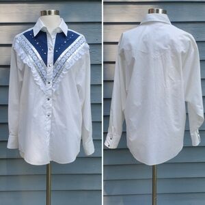 Vintage 70s H Bar C Western Boho White Denim Lace Studded Snap Down Shirt Lg